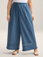 Cotton Waist-Tie Lace Wide-Leg Pants