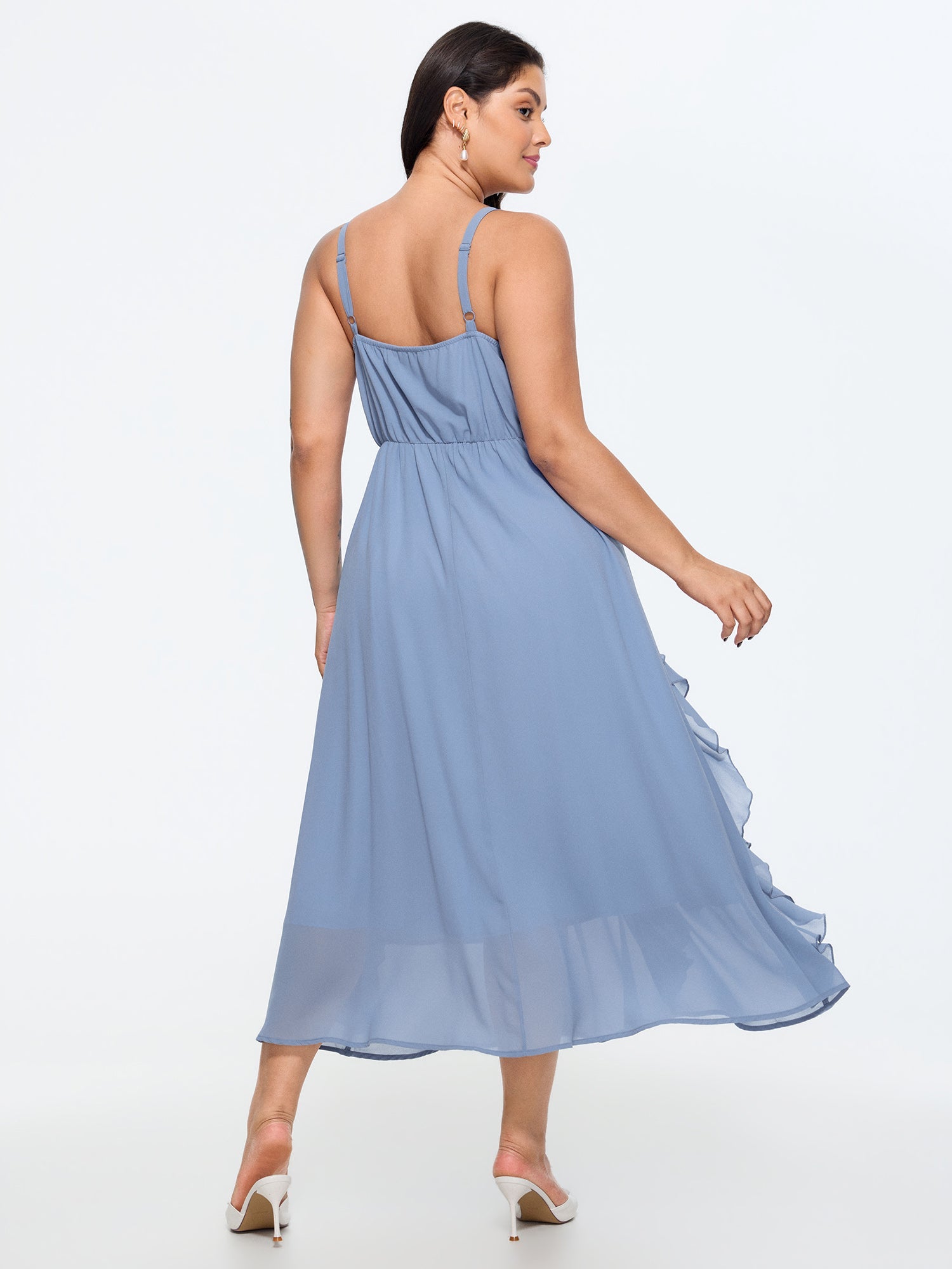 Ruffled Sides Shirred Flowy Midi Dress