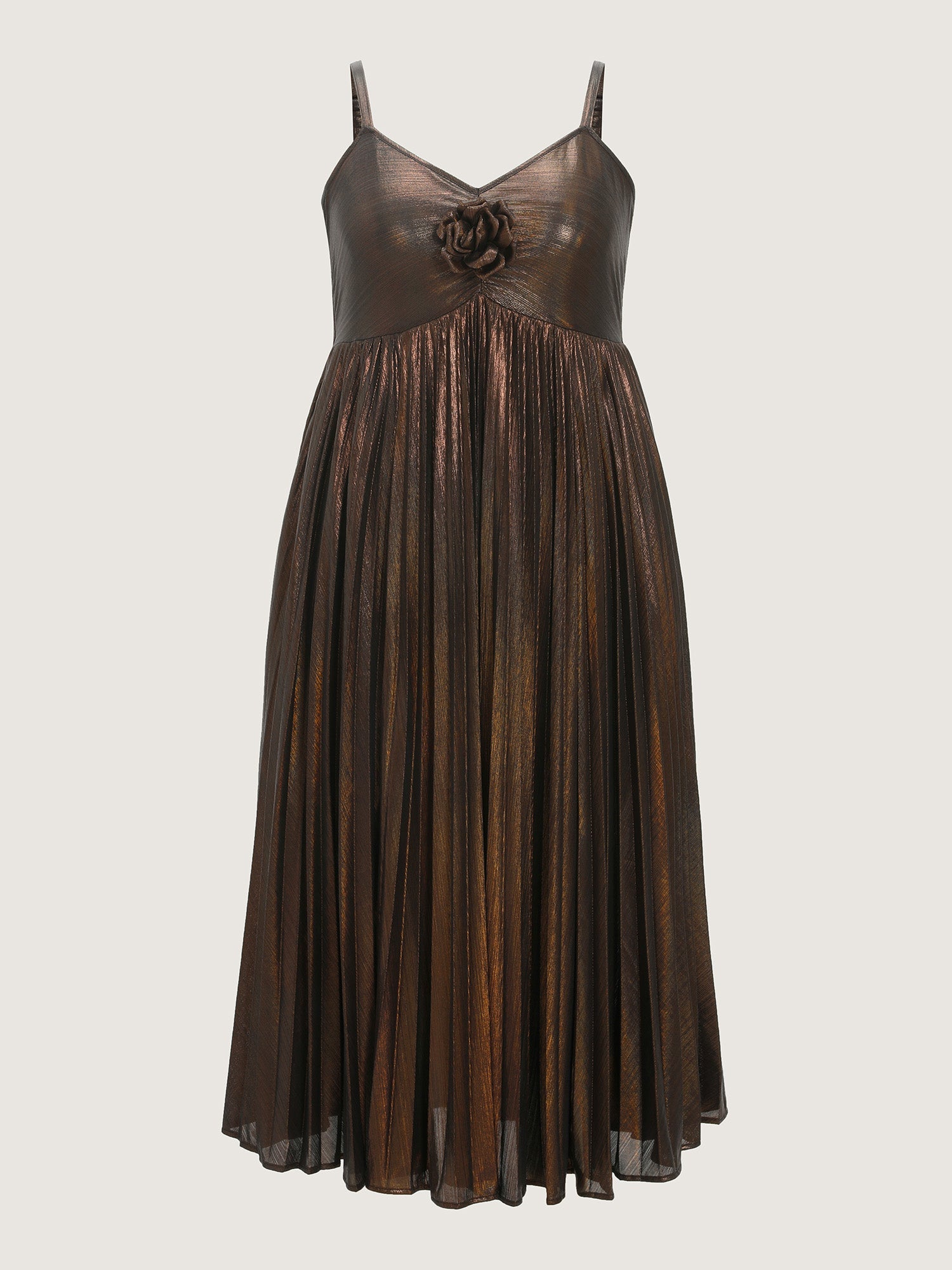 Shimmery Pleated Cami 3D Flower Midi Dress