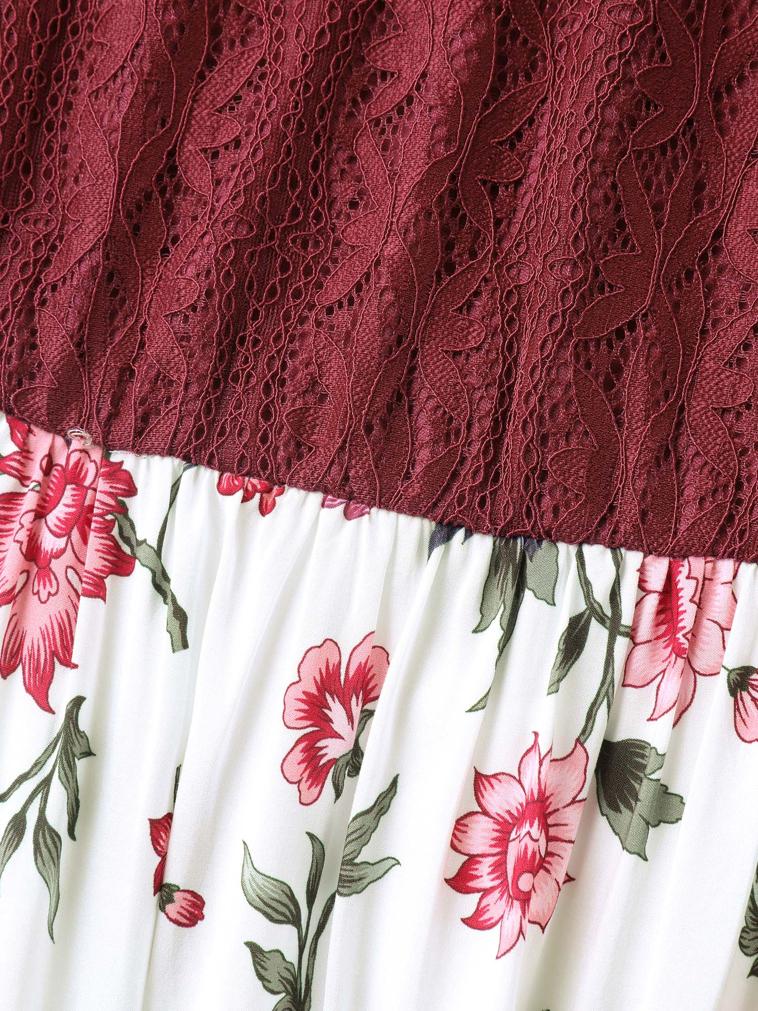 Floral Lace Stretchy Waist Contrast Midi Dress