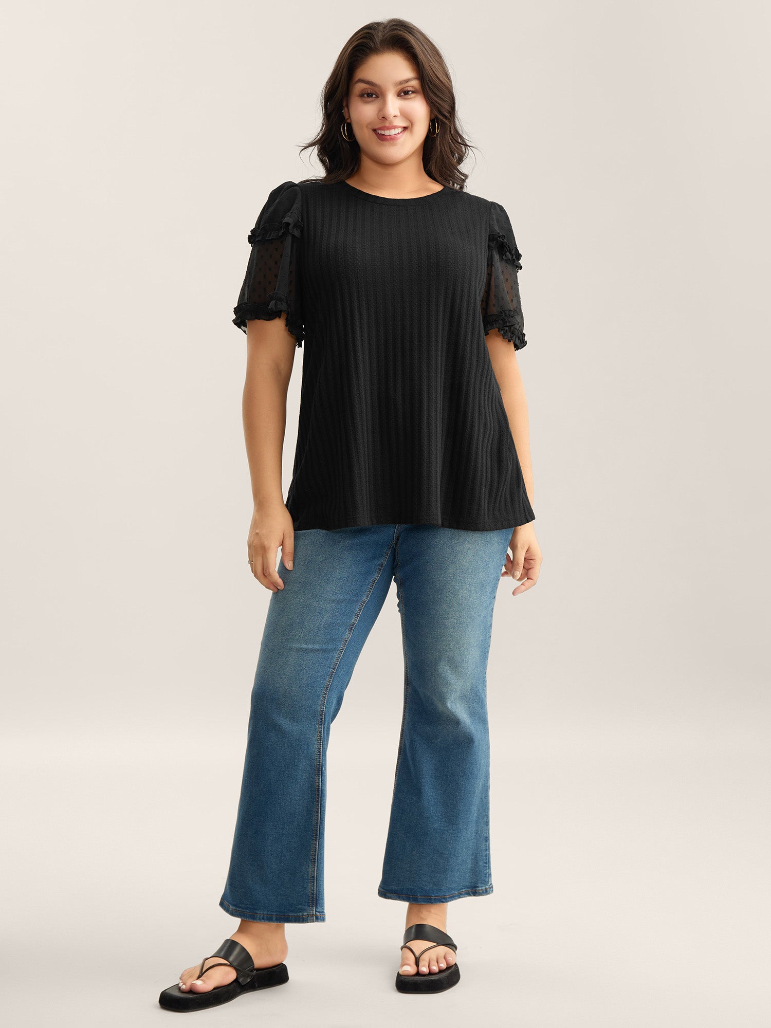 Textured Pit Strip Layered Sleeve Sheer T-Shirt