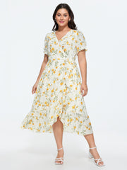Floral Print Petal Hem Flowy Midi Dress