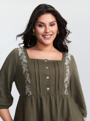 Floral Embroidered Square Neckline Button Top