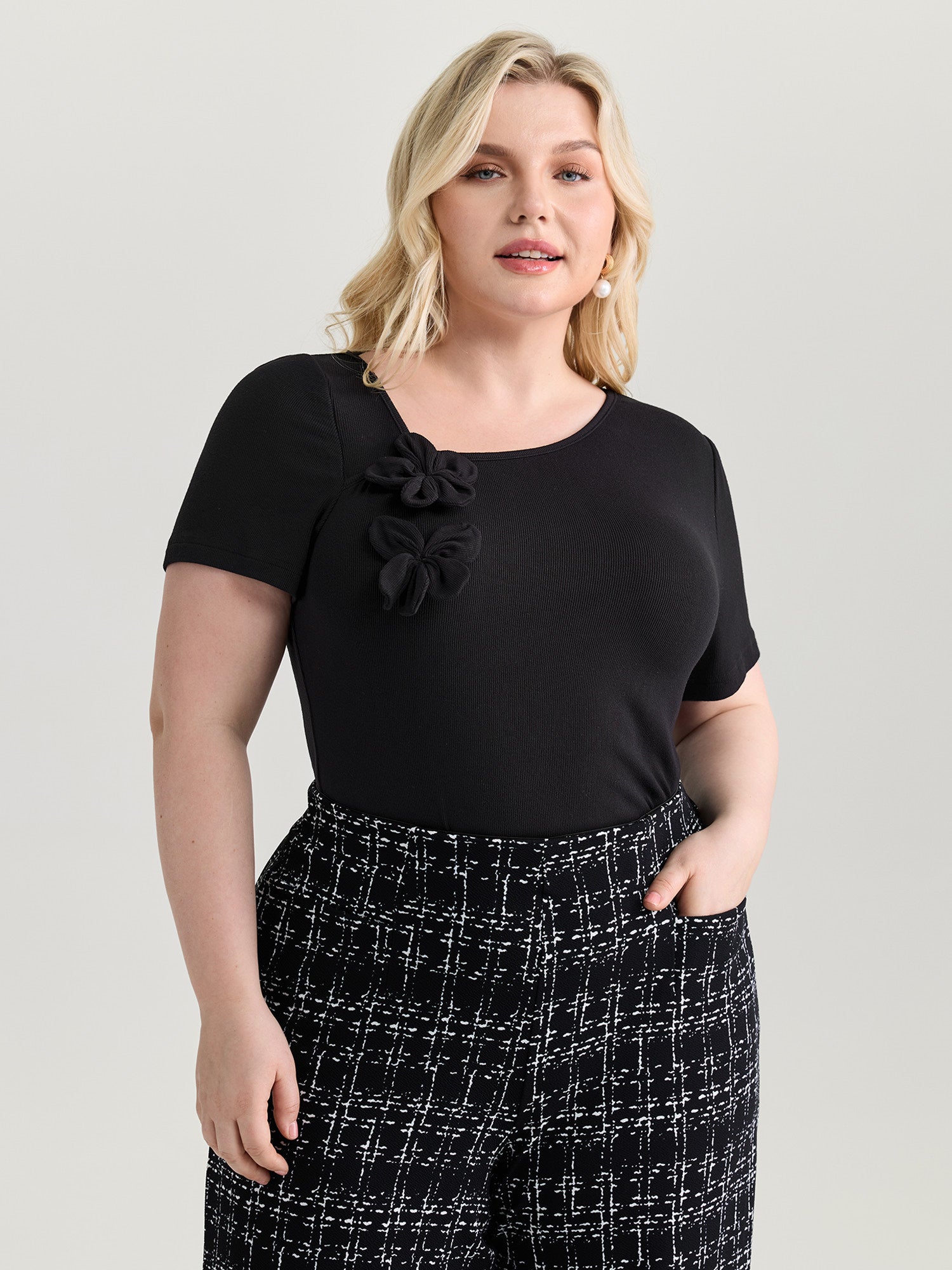 3D Flower Detail Asymmetrical Neckline Top