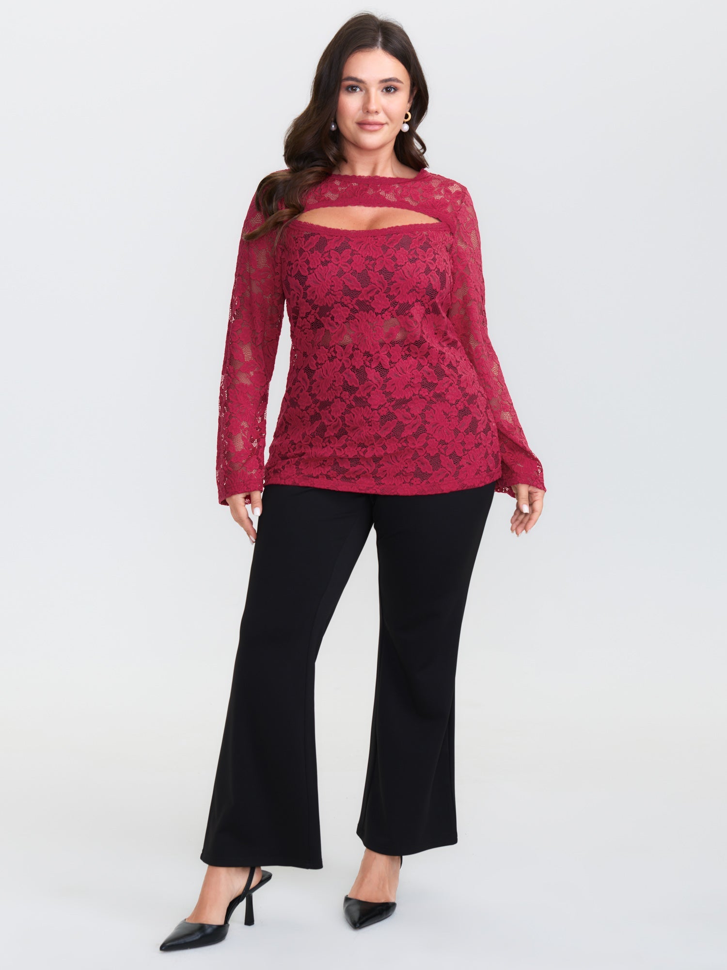 Cut-Out Neckline Sheer Floral Lace Top