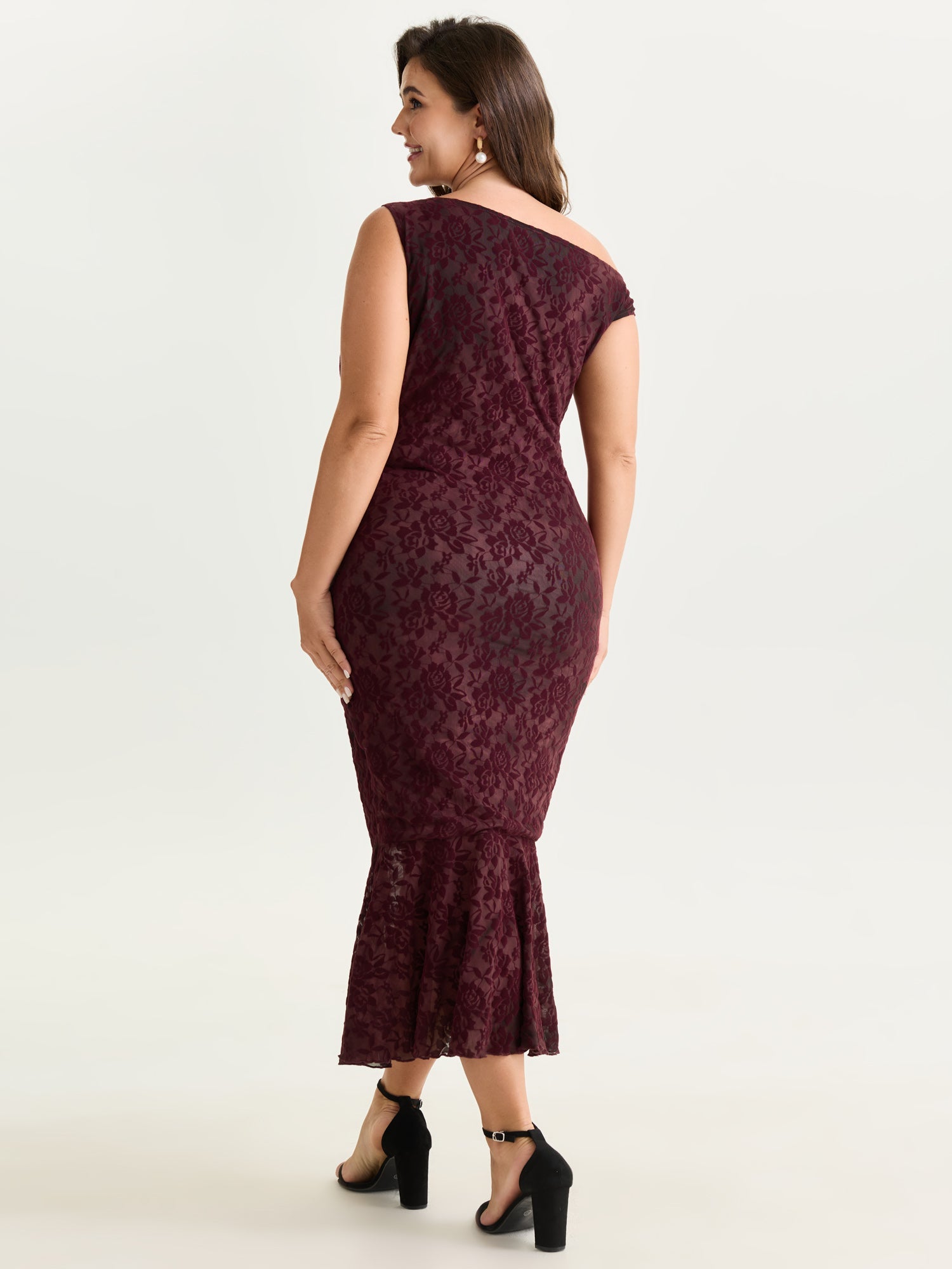 Flocked Floral Stretchy One-Shoulder Midi Dress