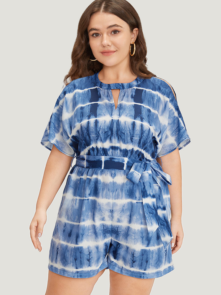 Tie Dye Keyhole Belted Batwing Sleeve Romper