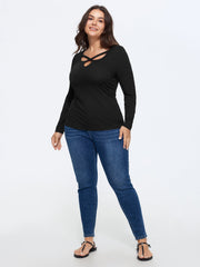 Cotton Solid Crisscross Cut Out Long Sleeve T-Shirt