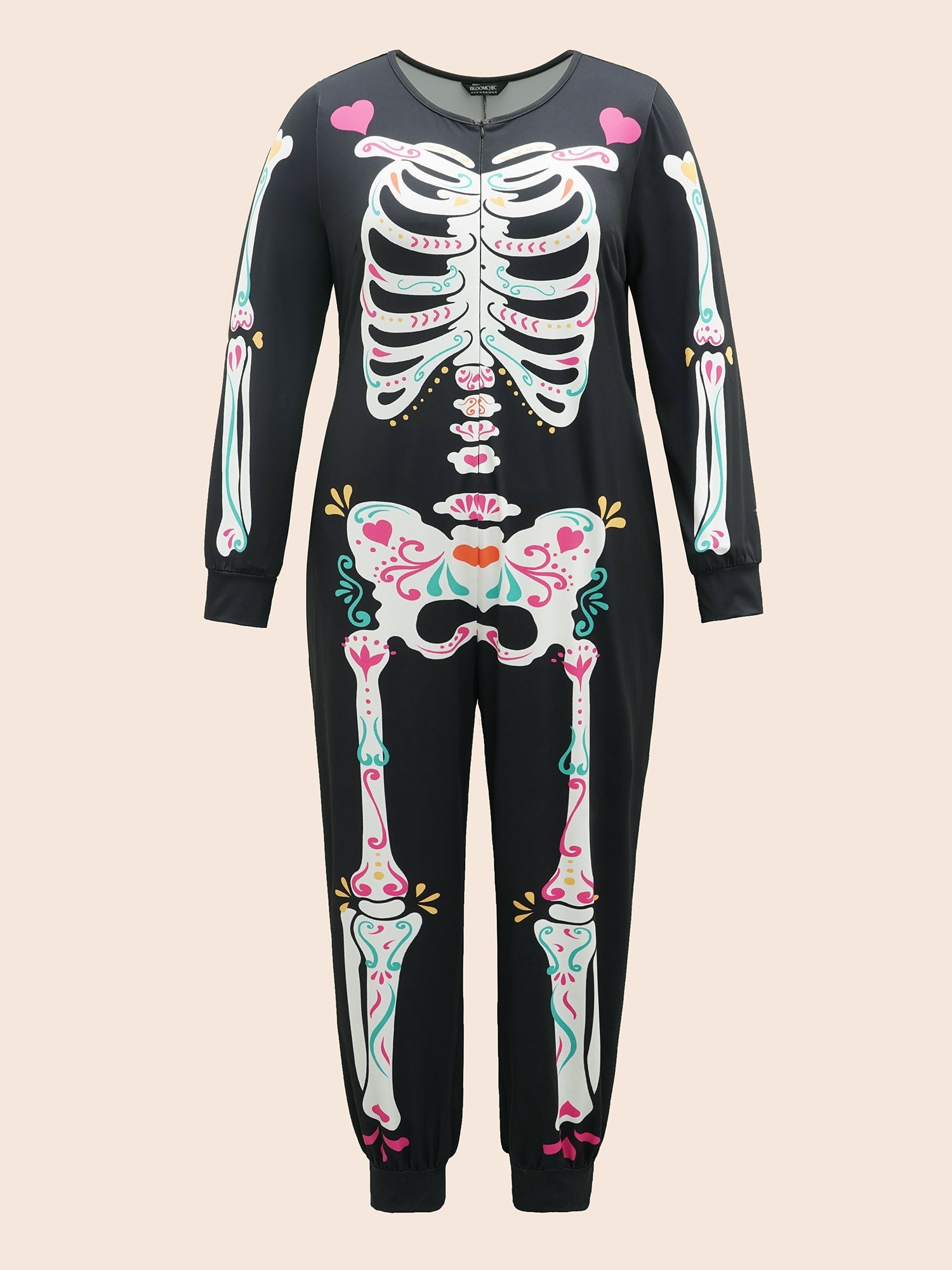 Skeletal Rib Print Hidden Zipper Lounge Jumpsuit
