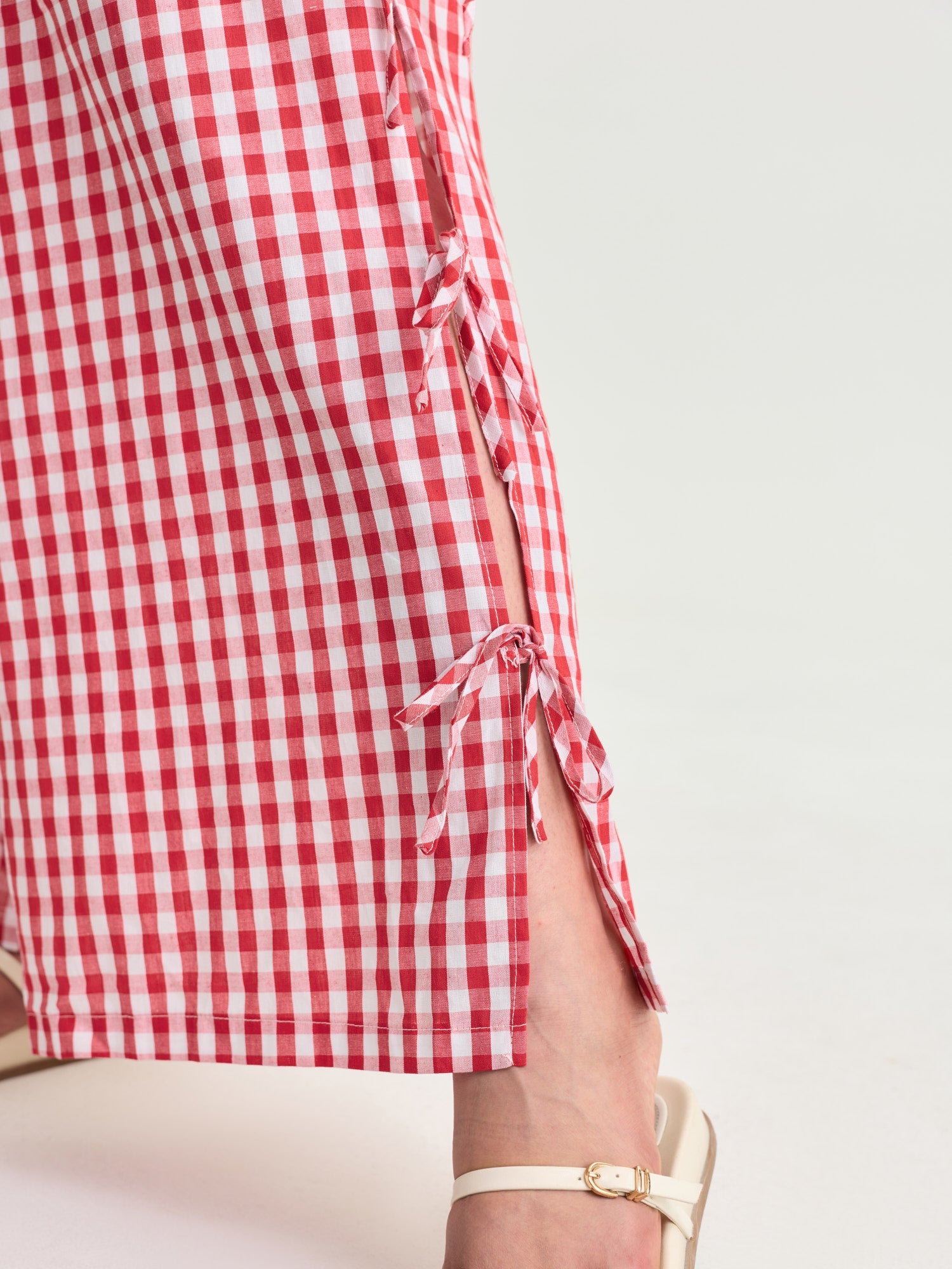 Cotton Gingham Print Side-Tie Pants
