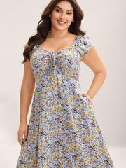 Ditsy Floral Print Neck Tie Midi Dress