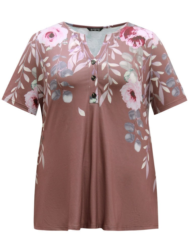 Floral Print Notched Button Up T-shirt