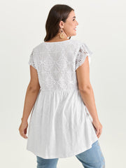 Cotton Lace Textured Tassel Neckline Knit Top