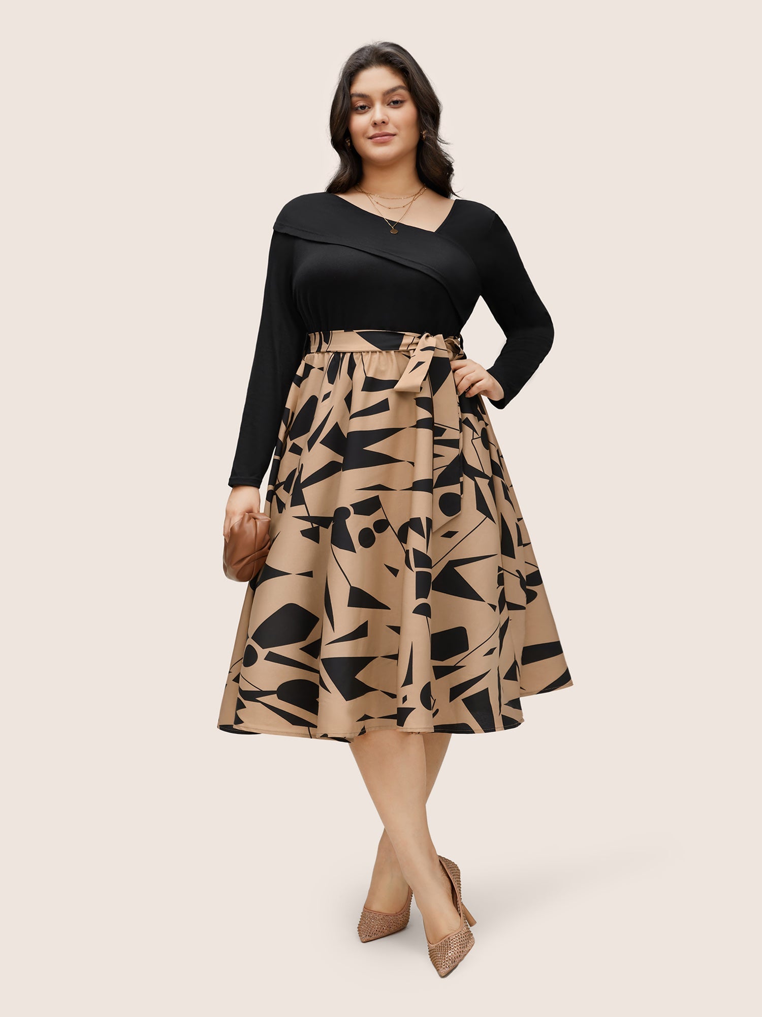 Geometric Contrast Patchwork Asymmetrical Neck Belted Dress