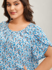 Floral Print Petal Sleeve Pleated Neck Blouse