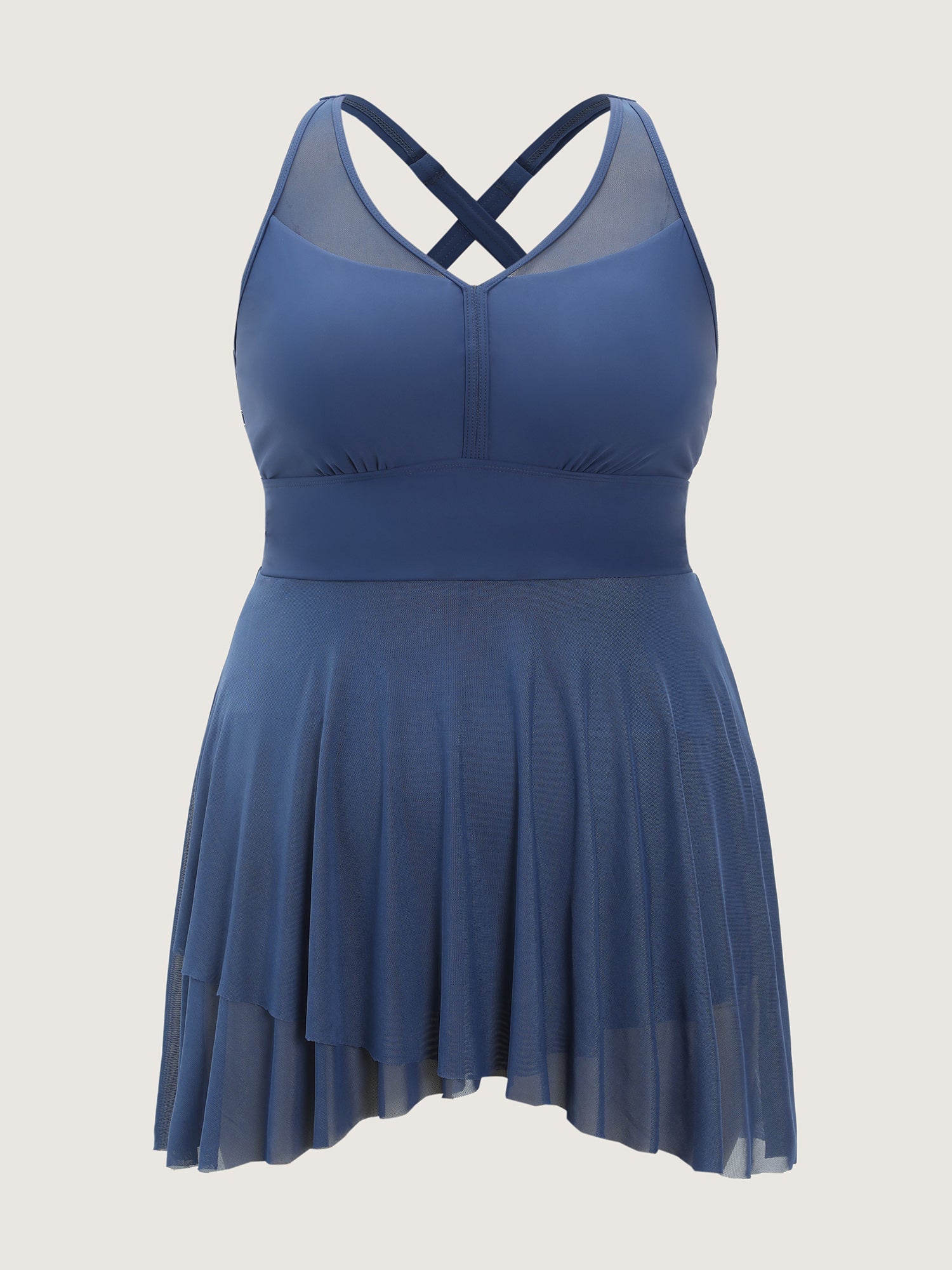 Sheer Layered Crossback Straps Swim Dress