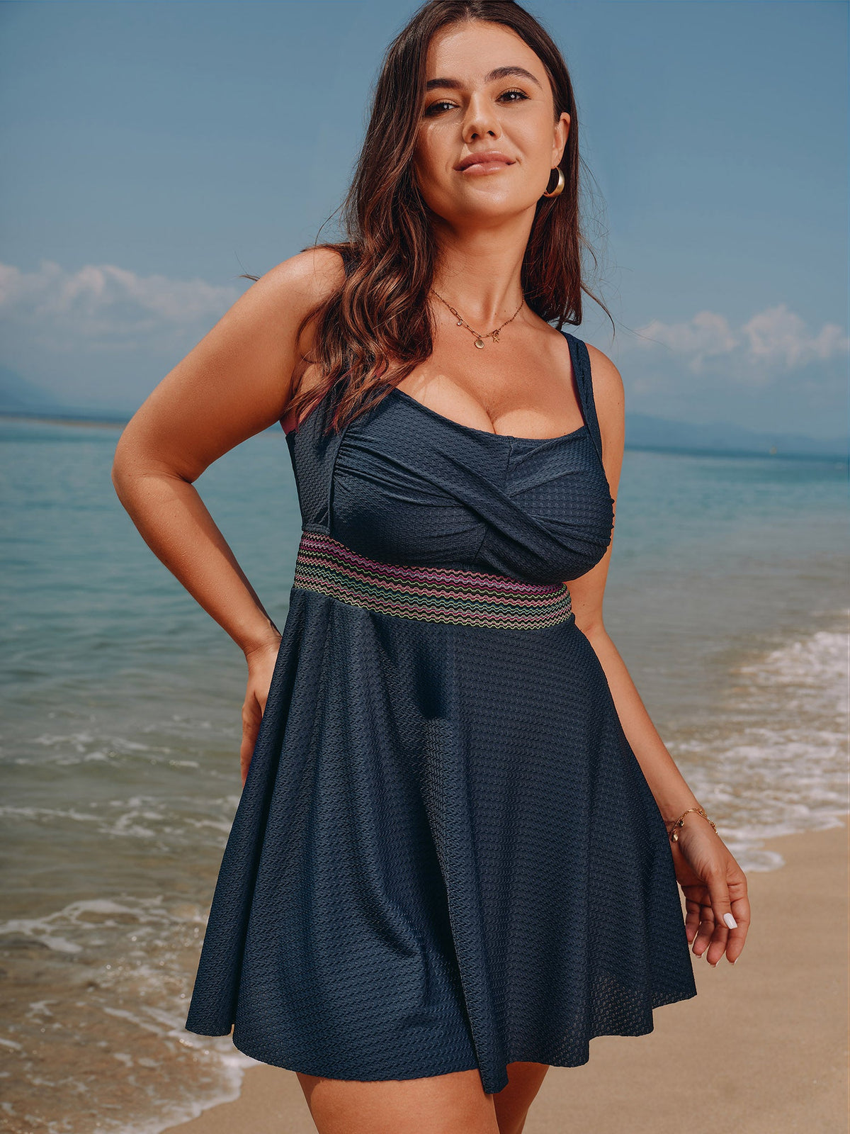 Twist Front Pockets Contrast Swim Dress