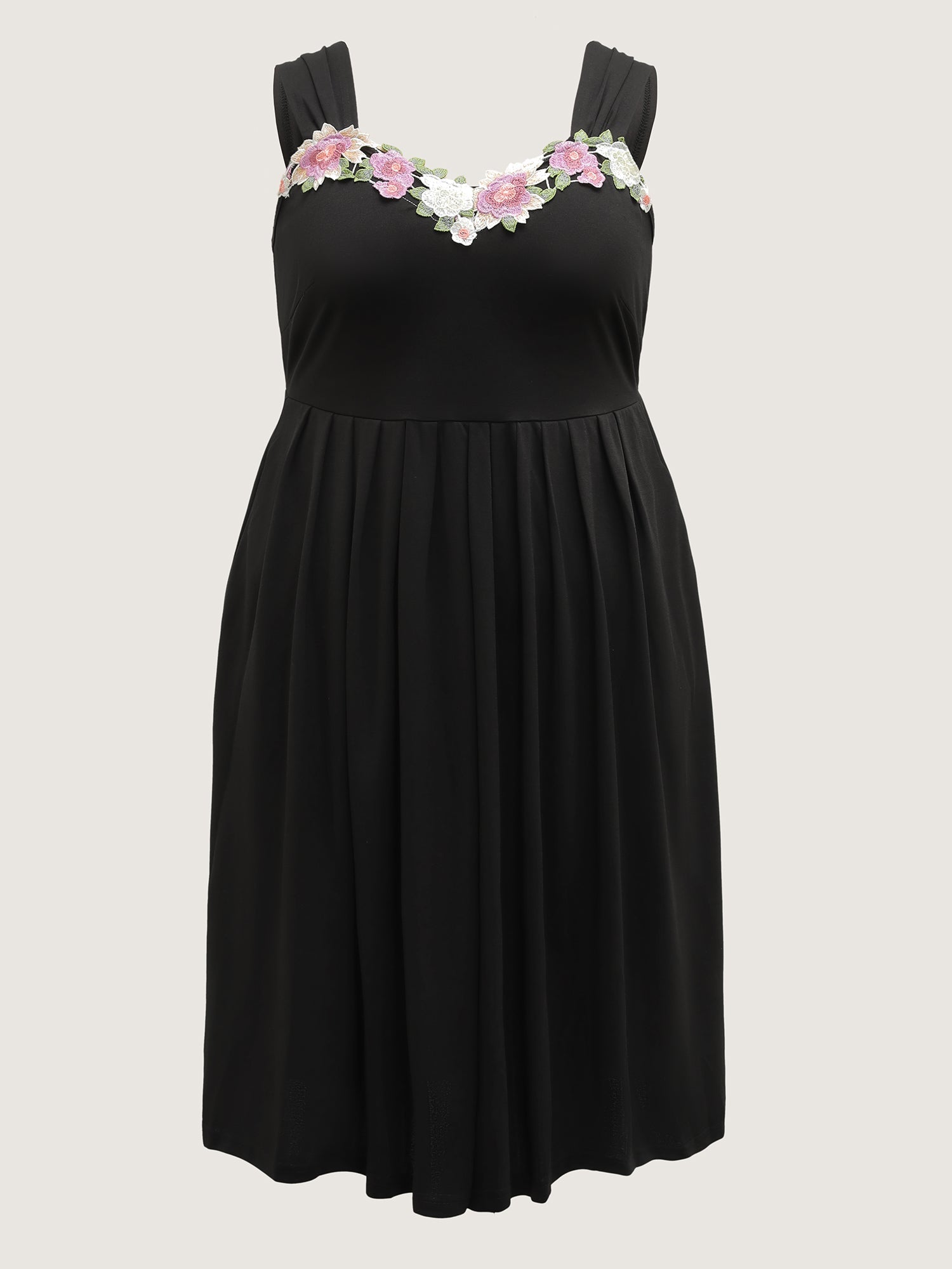 Floral Embroidered Neckline Lace Trim Midi Dress