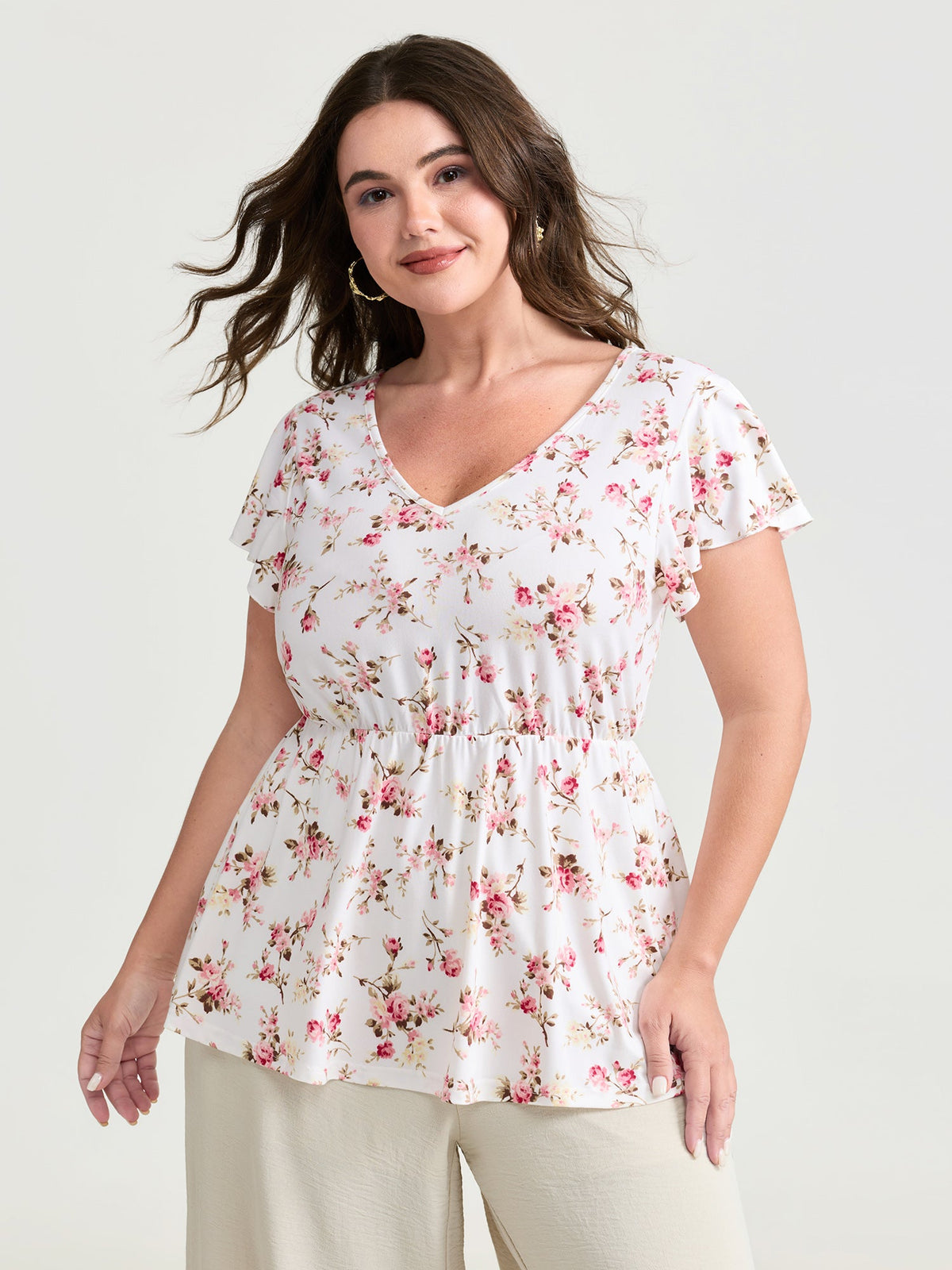 Cute Floral Print Stretchy Knit Top