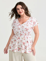 Cute Floral Print Stretchy Knit Top