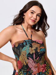 Stretchy Tropical Print Neck-Tie Jersey Top