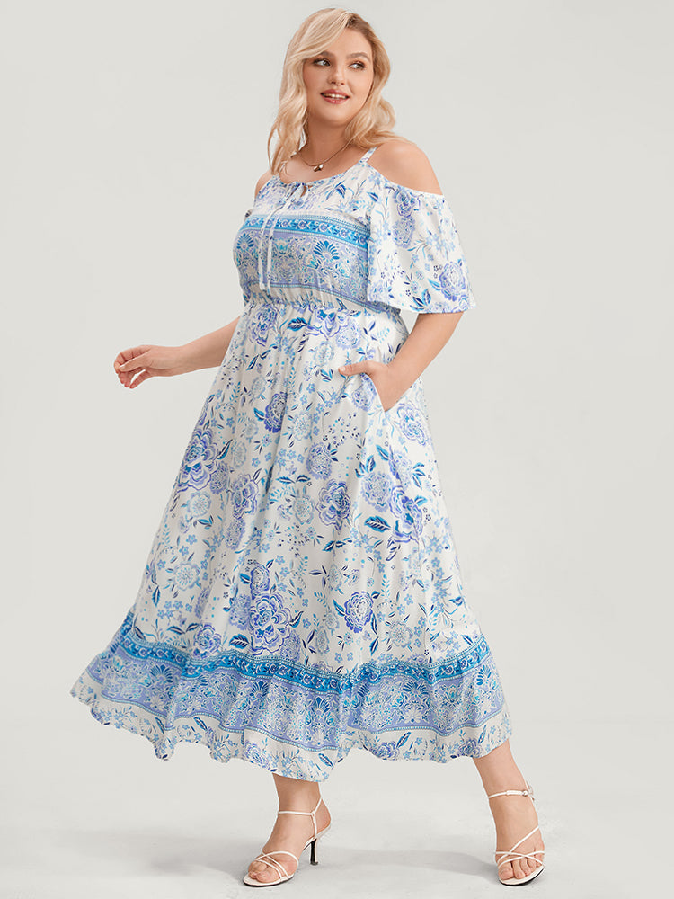Off Shoulder Tie Neck Floral Print Midi Dress