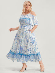 Off Shoulder Tie Neck Floral Print Midi Dress