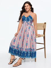 Geometric Print Halter Neckline Shirred Midi Dress