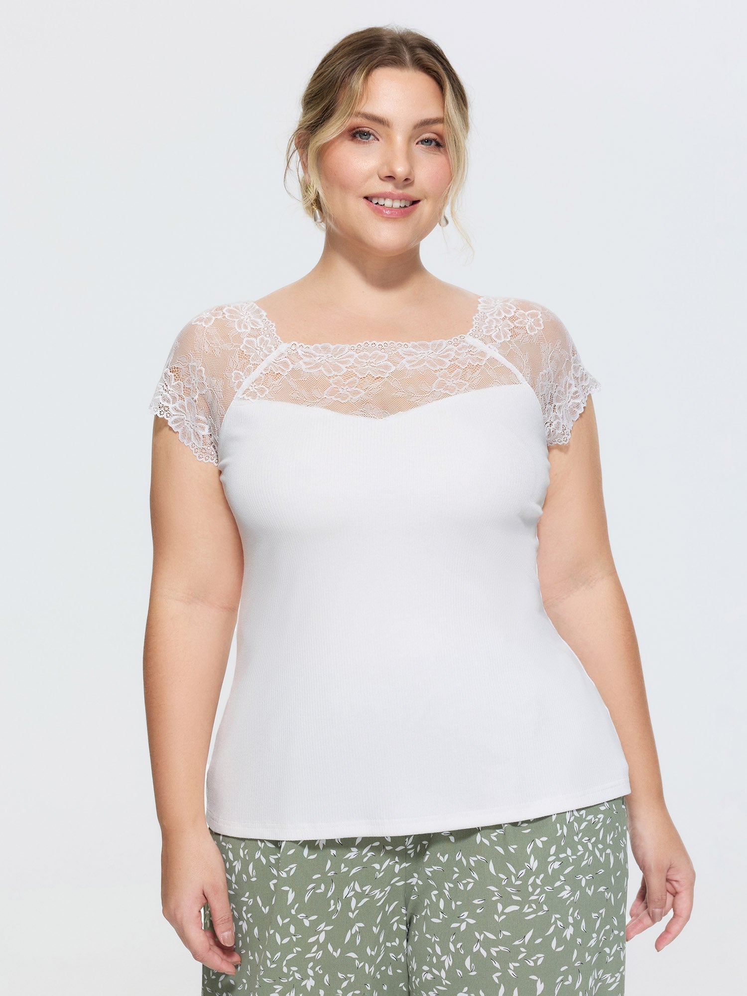 Sheer Lace Neckline Plain Knit Top