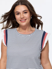 Cotton Striped Print Ribbed Color Contrast T-Shirt