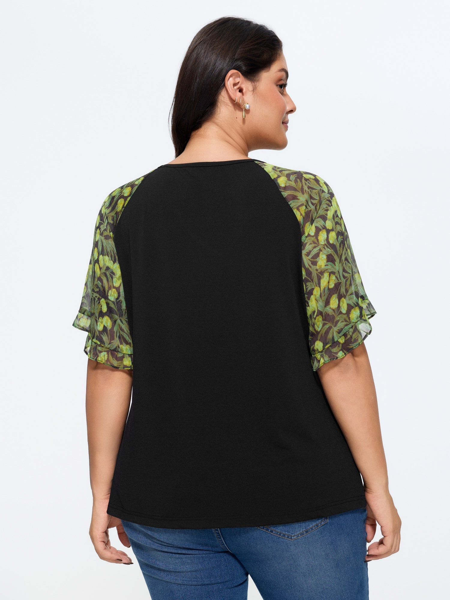 Sheer Floral Print Ruffled Cuff Sleeve Top