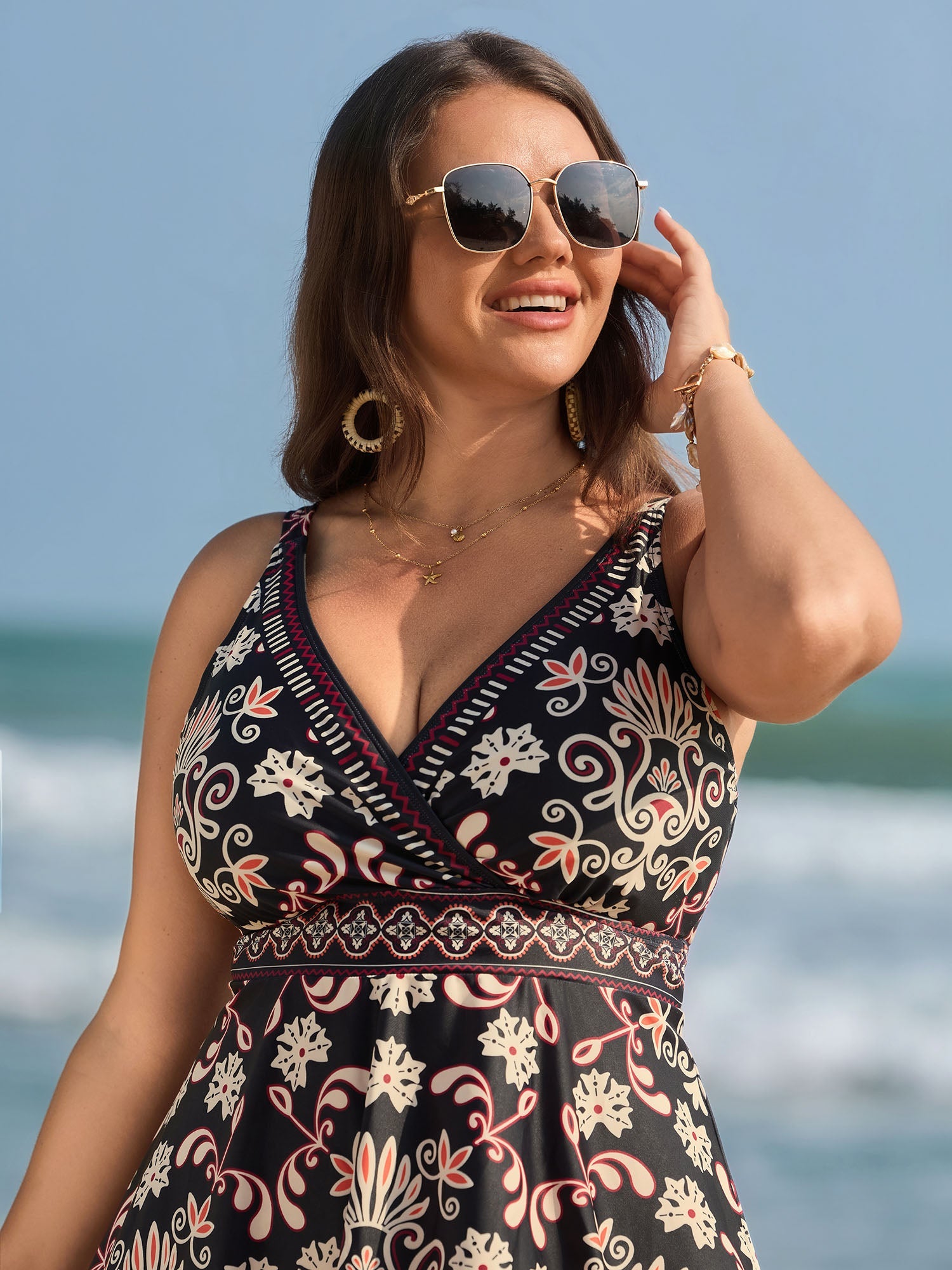 Boho Floral Print Surplice Swim Dress