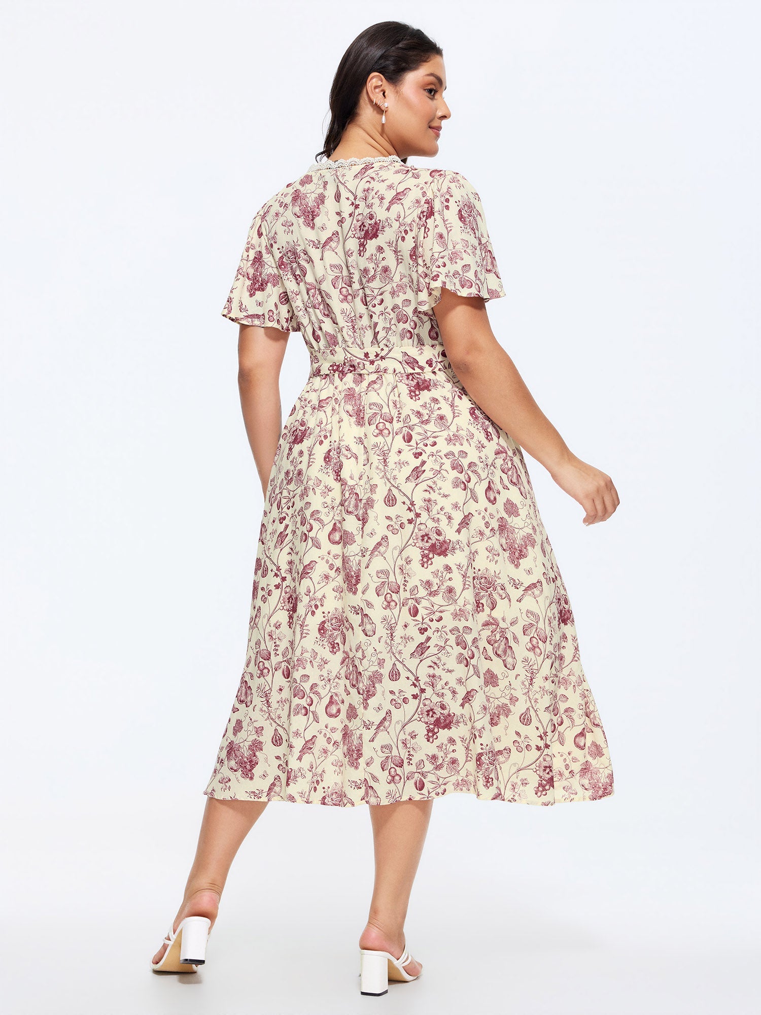 Garden Print Lace Neckline Midi Dress