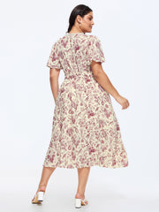 Garden Print Lace Neckline Midi Dress