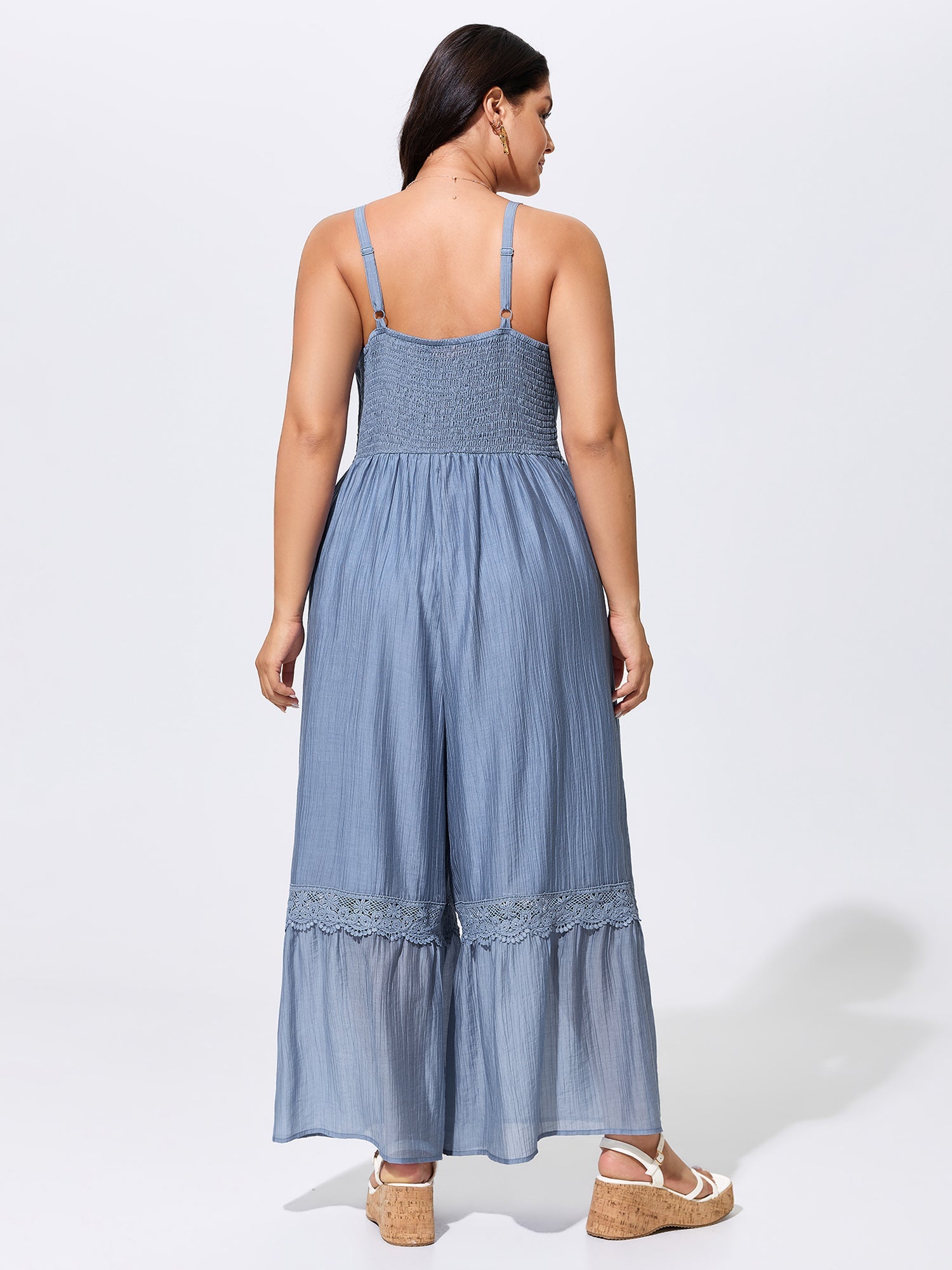 Shirred Lace Detail Wide-Leg Jumpsuit