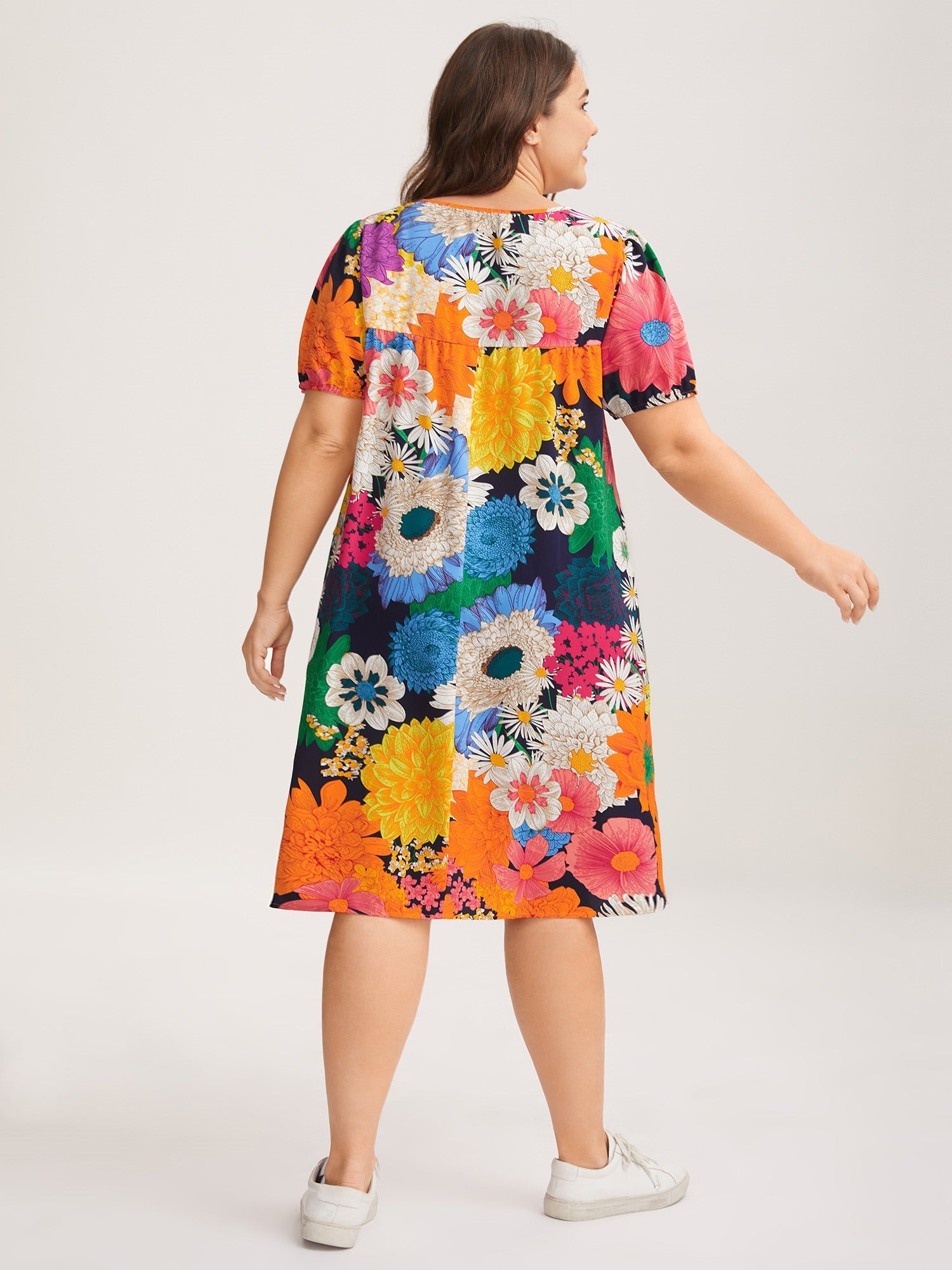 Large Floral Print Neck Tie Mini Dress