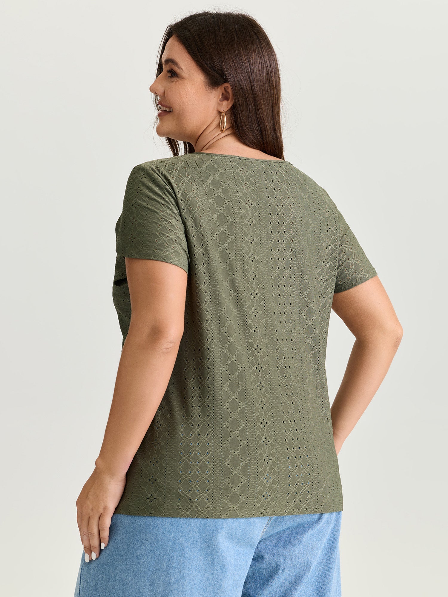 Eyelet Trim Split Neckline Knit Top