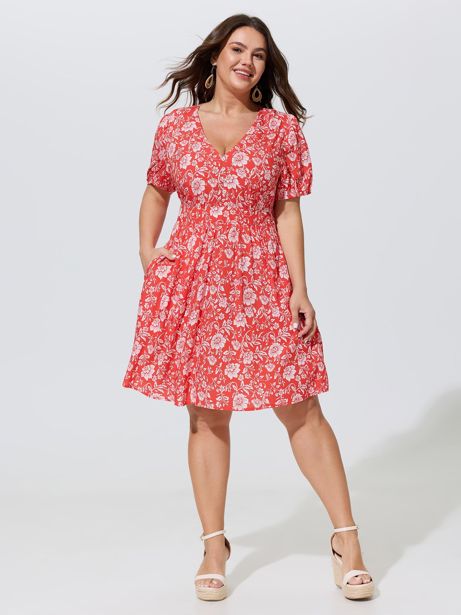 Floral Print Puffy Sleeve Flowy Mini Dress