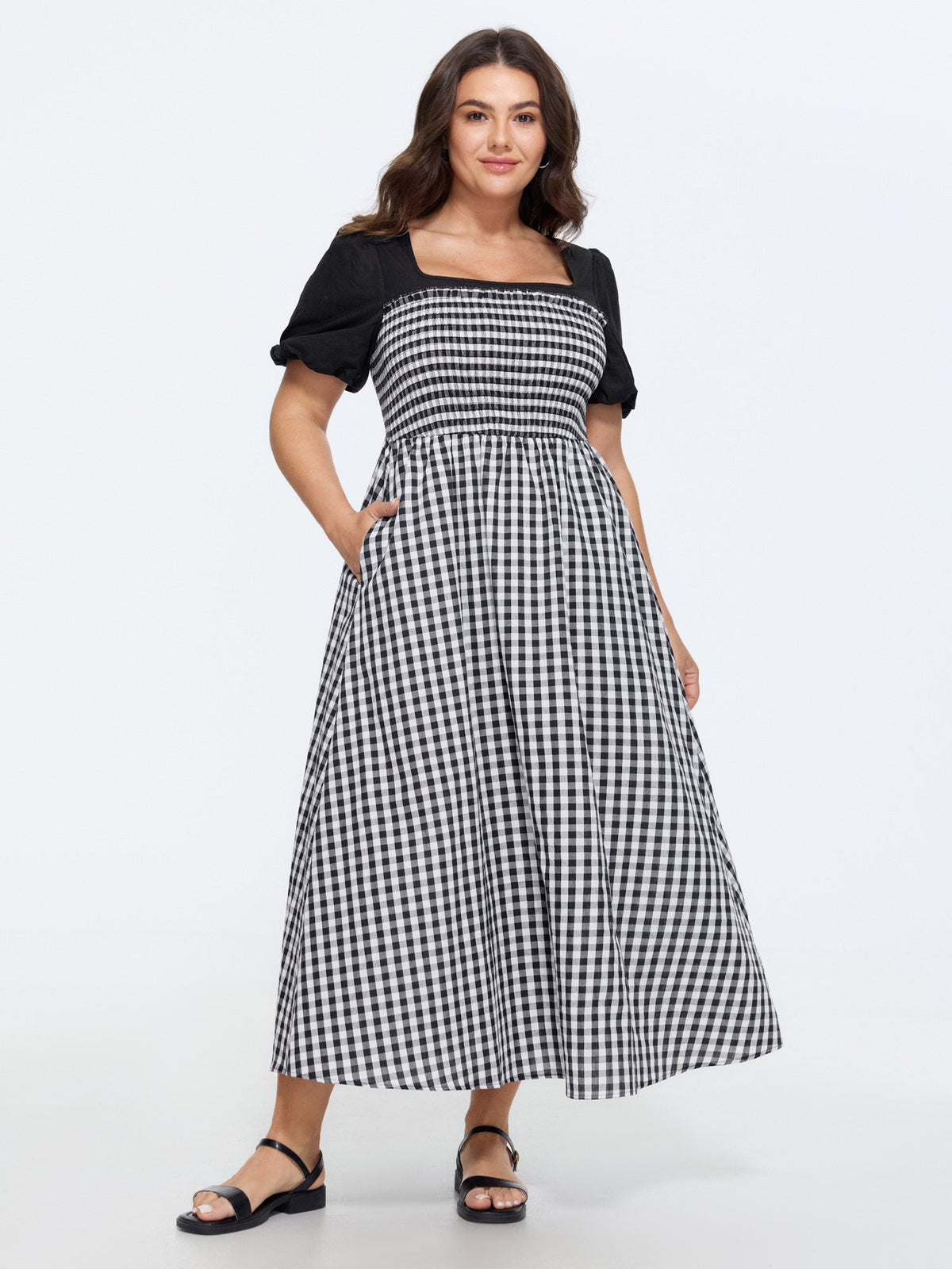 Cotton Gingham Print Color Contrast Midi Dress