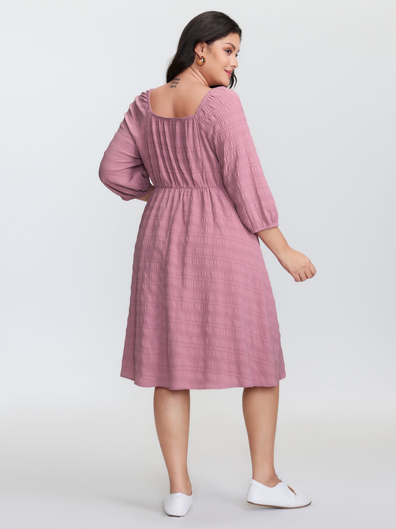 Textured Shirred Bodice Square Neckline Mini Dress