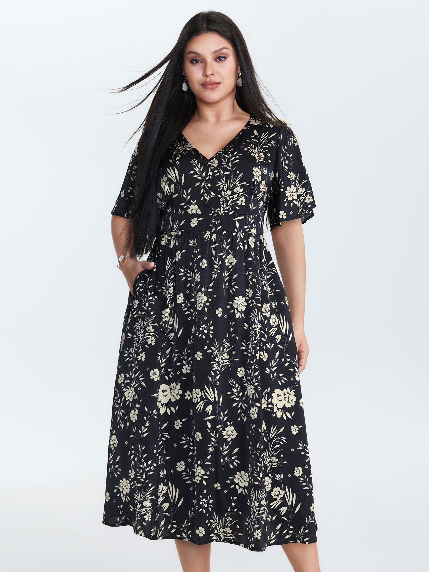 Floral Print V-Neck Cinched-Waist Midi Dress