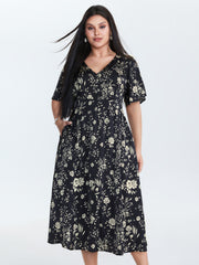 Floral Print V-Neck Cinched-Waist Midi Dress