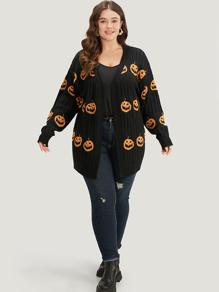 Halloween Pumpkin Graphic Open Front Cardigan