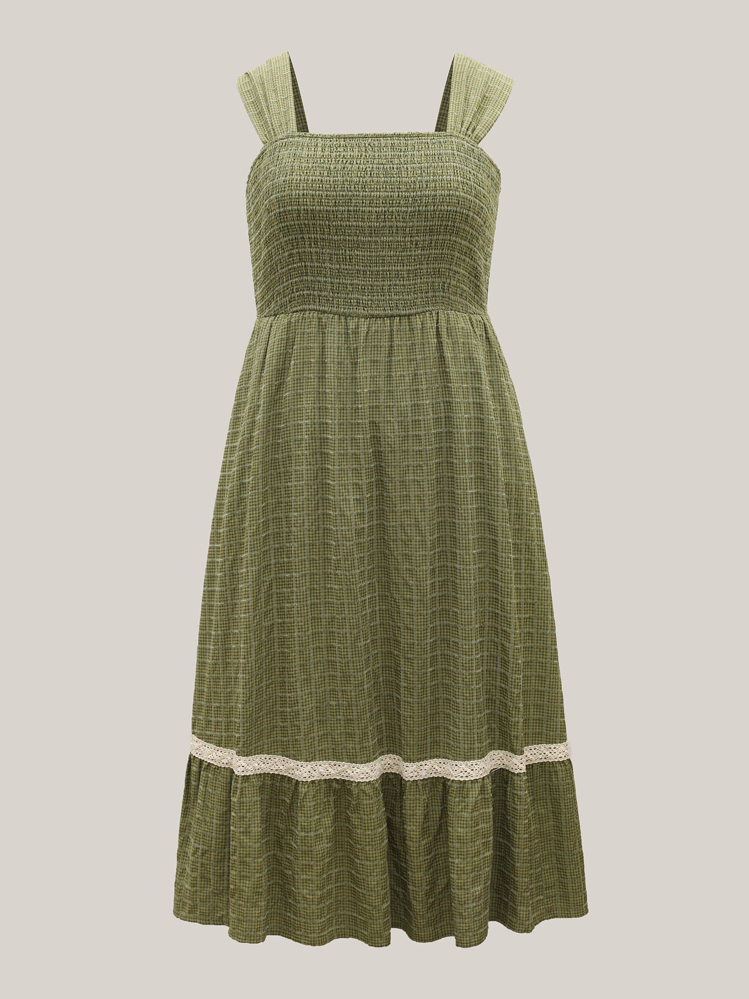 Plaid Shirred Lace Trim Tiered Maxi Dress