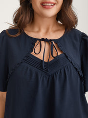 Toothpick Pleated Neck Tie Solid Blouse