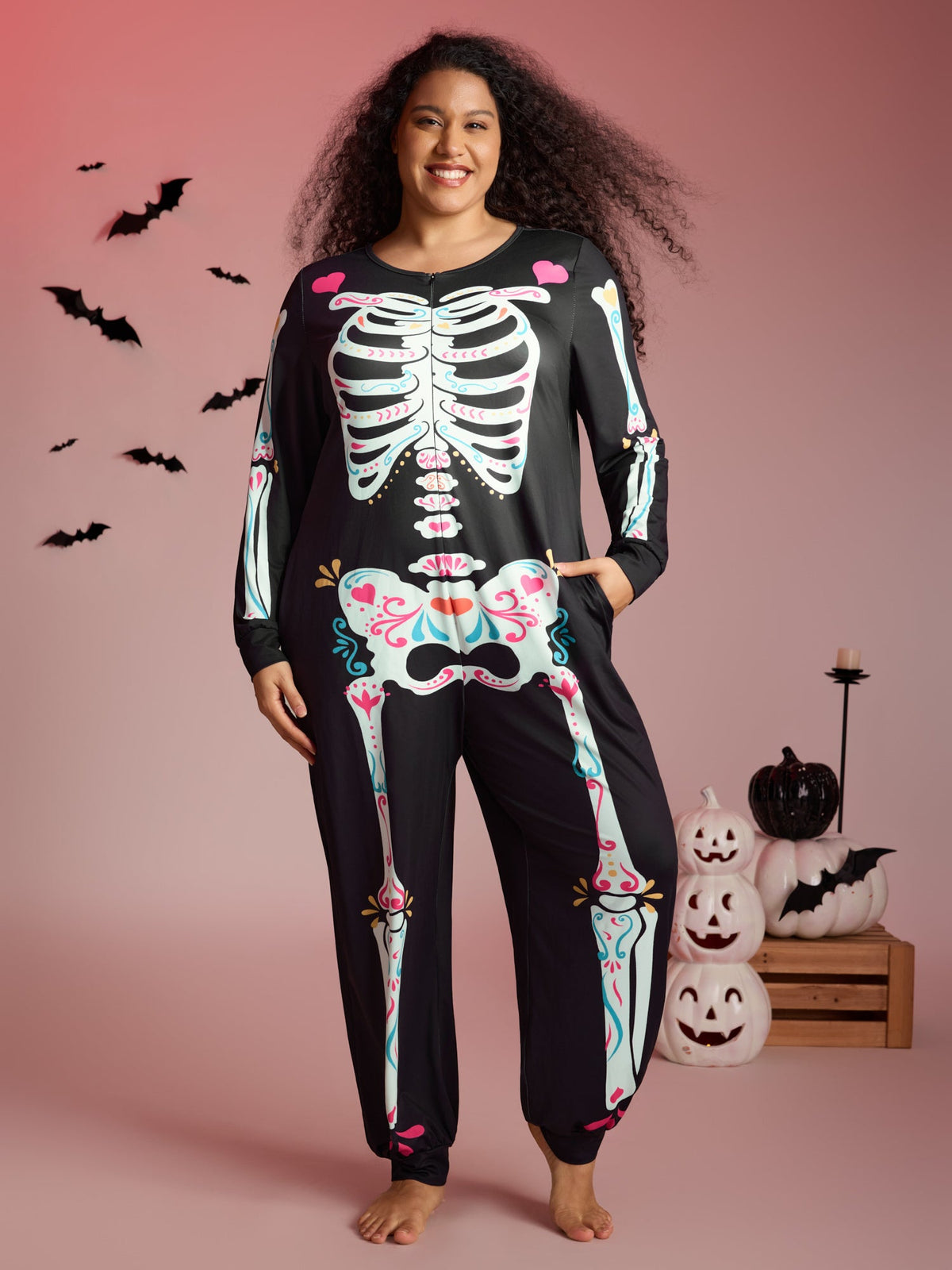 Skeletal Rib Print Hidden Zipper Lounge Jumpsuit