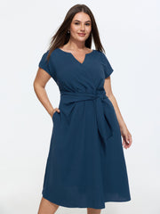 Split Neckline Side Waist-Tie Midi Dress