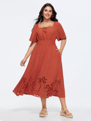 Tropical Laser Cut Hem Drawstring Midi Dress