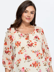 Floral Print Keyhole Neckline Shirt