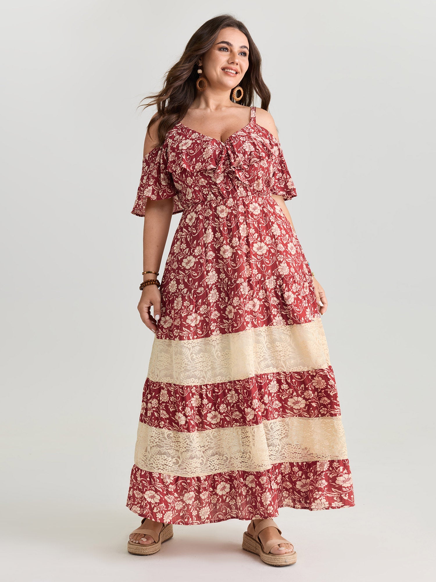 Floral Print Cold-Shoulder Ruffled Maxi Dress
